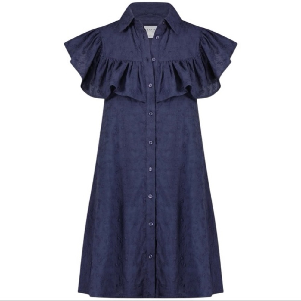 THE SHIRT ROCHELLE BEHRENS Navy Embroidered Button Up Shirt Ayla Dress Medium‎